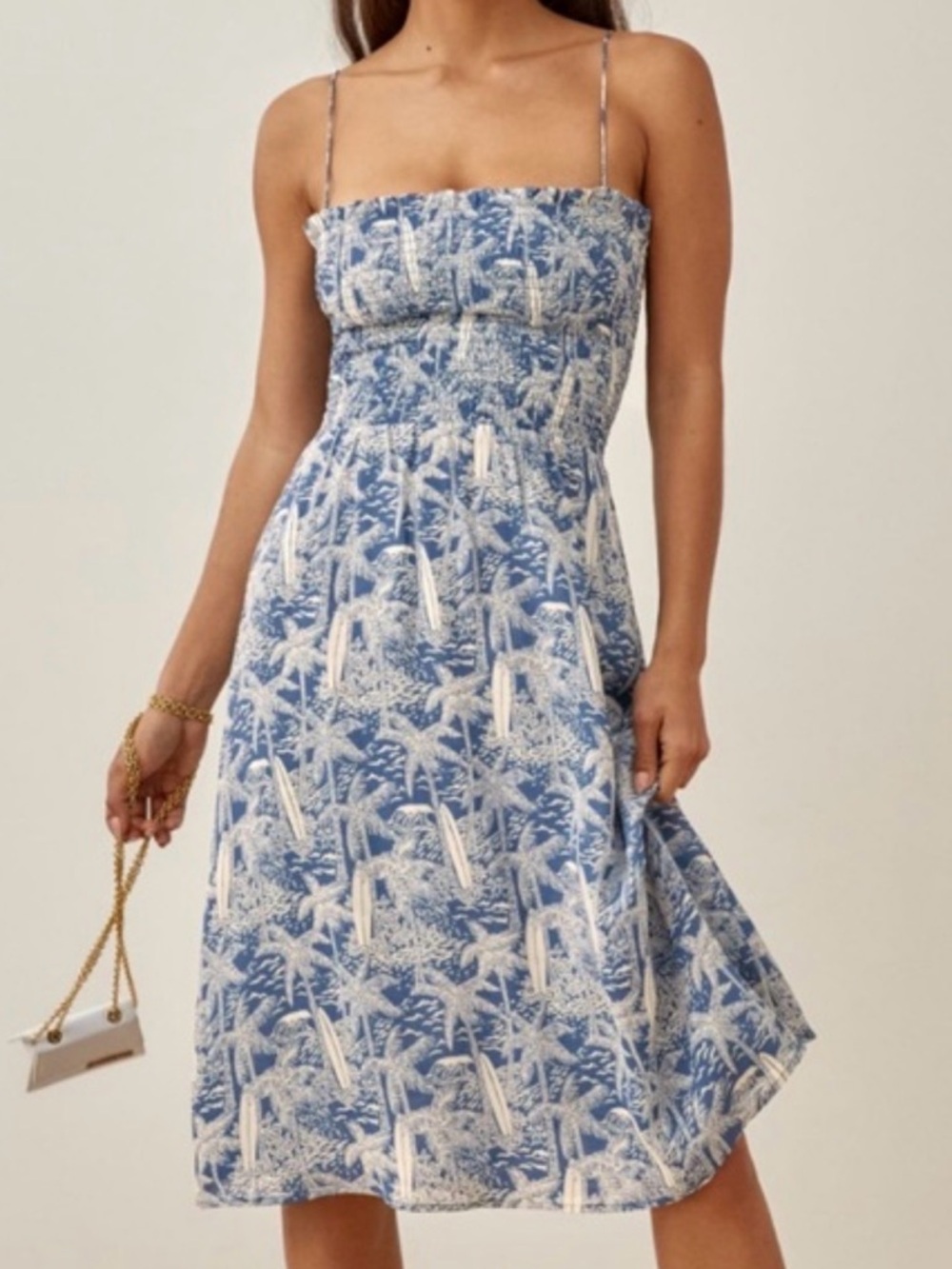 Reformation Blue and White Bali Palm-Print Midi Sable Dress